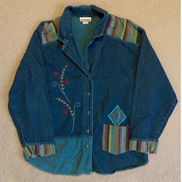 amica Tops - Vintage Amica Denim Button Top Large Floral Embroidery Long Sleeve Retro Western